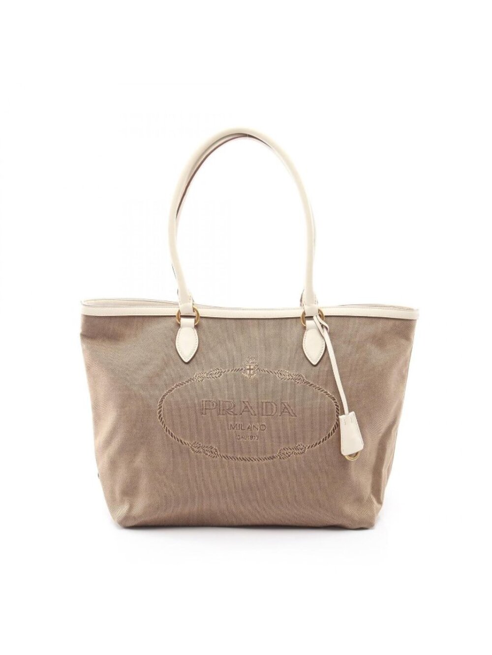 Prada Tote Bag Logo Jacquard Beige Brown White Canvas Leather